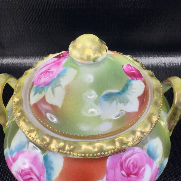 Antique Nippon Porcelain Hand Painted Sugar Bowl Small Container Jar Beaded VTG - Picture 4 of 15